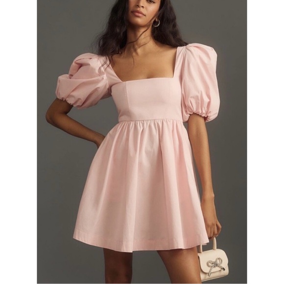 Maeve Puff Sleeve Square Neck Mini Pink Dress NWT Spring Summer Pastel Medium - Picture 2 of 8